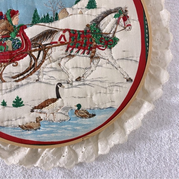 Vintage Handmade Winter Festive Embroidered Holiday Wall Art with Lace Trim - Picture 4 of 8